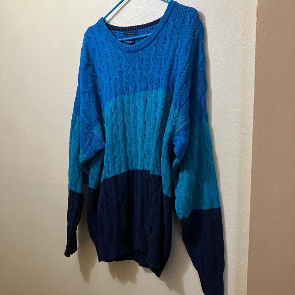 Vintage Cambridge Classics Mervyns Blue Color Block Cable Knit Sweater Medium